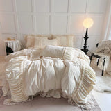 Qfdian  Pink Princess Style Pleated Lace Ruffles Carved Velvet Warm Soft Bedding Set Duvet Cover Flat/Fitted Bed Sheet Pillowcases 4Pcs