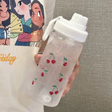 Qfdian  Kawaii Cherry Frosted Plastic Water Bottle With Straw Leak Proof Portable School Clear Juice Milk Tea Drinkware Water Cup 500ML