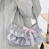 Qfdian Women All Match Fashion Office Lady Handbags Fairy Ruffled Bow Y2k Aesthetic Shoulder Bags Causal Vintage Elegant Underarm Bag