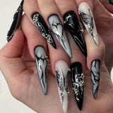 Qfdian 24Pcs Black Y2k Fake Nails with Diamond Halloween Long Almond False Nail Butterfly Design Wearable Oval Press on Nails Tips