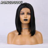 Qfdian 13X4 Black Bob Wig Straight Synthetic Lace Front Wig Shoulder Length Short Black Bob Hair Lace Frontal Wigs for Women Daily Use