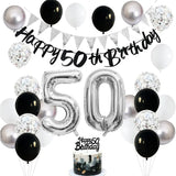 Qfdian  Black Silver White 50 Birthday Party Decorations for Women Men Happy 30 40th 60th Birthday Banner Balloons Cake Topper Supplies