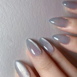 Qfdian  24Pcs Solid Color Grey Almond Fake Nail Cat's Eye Design Wearable Round Head False Nails with Shiny Powder Press on Nails
