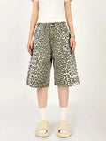Qfdian  Women's Shorts Denim Leopard Print High Waisted Straight Leg Pants Street Harajuku Y2K Retro Versatile Fashion Wide Leg Jeans
