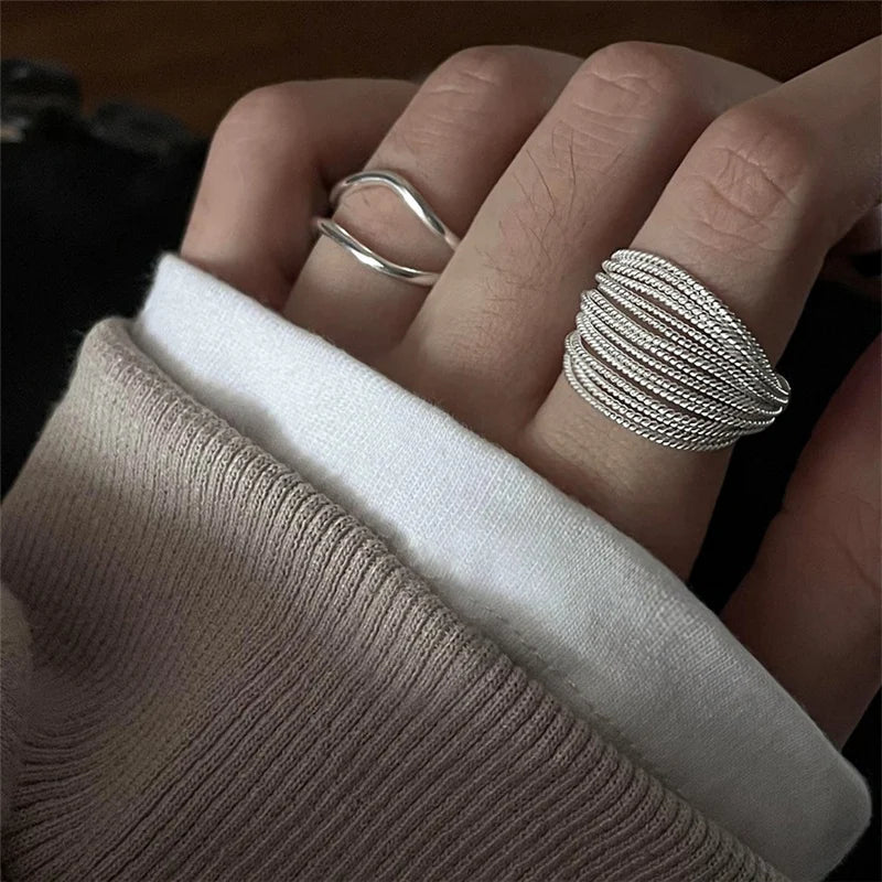 Silver Colour Unique Lines Ring For Women Jewelry Finger Adjustable Open Vintage Ring For Party Birthday Gift