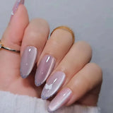 Qfdian  24Pcs Pink Almond Press-On Nails Glossy Sweety Heart Patterns False Nail Tips with Cat Eye, Mirror Disign for Women&Girls Wear