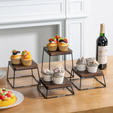 Qfdian  Set of 4 Wood Buffet Risers, Square Retail Food Display Risers for Party, Burnt Wood & Black Metal Wire Pizza Stands for Serving