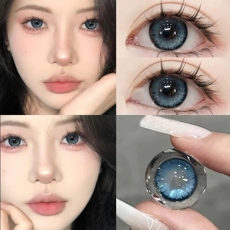 Qfdian 2PCS Korea Colored Contact Lenses Myopia  Degree -0.00 to -8.00 Blue Eyes Beauty Pupil  Makeup Gray Lens Fast Shipping