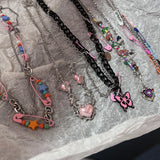 Qfdian Vintage Y2k Pink Pin Bead Choker Necklace For Women Egirl Kpop Trend Jewelry Gift Goth Harajuku EMO 2000s Unusual Accessories K