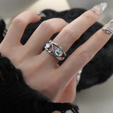 Qfdian  Punk Geometry Moonstone Open Dark Metal Ring For Women Girls Fashion Vintage Jewelry Y2K EMO Grunge EMO Accessories