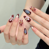 Qfdian  10pcs Handmade Press on Nails 3D Hand-carved Flower Design Fake Nails Wearable Detachable Spice Girl French Almond False Nails