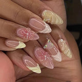 Qfdian  24Pcs Mid-length 3D Flowers Design Fingertips Sweet Butterfly Yellow Ripple Almond False Nails Detachable Full Cover Press Ons