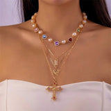 Qfdian  Y2K Choker Necklace Multilayer Chain with Love Heart Jesus Cross Pendant Rhinestone Pearl Y2K Jewelry for Women Birthday Gift