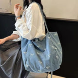 Qfdian Cowboy canvas bag, ladies' bow, sweet and versatile tote bag, large capacity casual shoulder bag