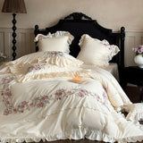 Qfdian Rose Flowers Embroidery Lace Ruffles Luxury Bedding Set 1000TC Egyptian Cotton Duvet Cover Set Flat/Fitted Bed Sheet Pillowcases