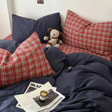 Qfdian  Bedding Set Ins Ambiance Blue Coffee Grid Mixed With Washed Cotton Minimalist Flat&Fitted Sheets Duvet Cover Set With Pillowcase