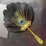 Qfdian  Vintage Feather Handheld Fan in Gold with Peacock Feathers An Elegant Fan Suitable for Weddings Formal Events
