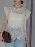 Qfdian  Hook Flower Hollow Shirt Lace Vest Korean Fashion Black Blouse  Summer Sleeveless Tops Transparent O-Neck Beige Shirt Female