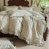 Qfdian 100% Cotton Pastoral Floral Print Ruffles Bow Princess Bedding Set Queen King Duvet Cover Set Bed Sheet/Fitted Sheet Pillowcases