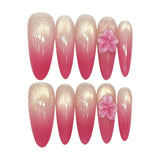 Qfdian  10pcs Handmade Long Almond Press on Nails Gradient French Cat Eye False Nails Pink Flower Design Fake Nails for Women Wearable