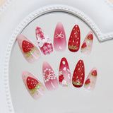 Qfdian  24pcs Ins 3D Bowknots Press On Nails Sweet Strawberry Pink Plaid Almond False Nails With Heart Shape Pearl Decor Fake Nail Tips