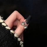 Qfdian  Punk Geometry Moonstone Open Dark Metal Ring For Women Girls Fashion Vintage Jewelry Y2K EMO Grunge EMO Accessories