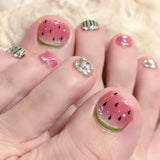 Qfdian  24pcs Colorful Painted Watermelon Fake Toenails Little Fresh Summer Beach Wearable False Toenail Shiny Diamond Press On Toenails