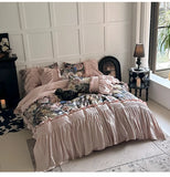 Qfdian Vintage Rose Oil Painting Style Ruffles Egyptian Cotton Bedding Set Duvet Cover Bed Sheet/Bed Skirt/Fitted Sheet Pillowcase 4Pcs
