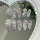 Qfdian Handmade Press on Nails Purple Fake Nails with Butterfly Sparkling False Nails Sweet Acrylic Full Cover Almond Nails