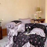 Qfdian 1000TC Egyptian Cotton Vintage Rose Prints Pleated Ruffles Purple Bedding Set Duvet Cover Flat/Fitted Bed Sheet Pillowcases 4Pcs