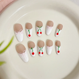 Qfdian 10Pcs White French Handmade Press On Nails Medium-Length Oval Fake Nails Solid Full Cover Cherry Bow Knot Design Manicure Art