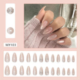 Qfdian  24Pcs Pink Almond Press-On Nails Glossy Sweety Heart Patterns False Nail Tips with Cat Eye, Mirror Disign for Women&Girls Wear