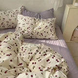 Qfdian Ins Korean Pastoral Flower Bedding Set Purple Bed Flat Sheet Pillowcase Twin Full Queen Size Bed Linen Women Girls Duvet Cover