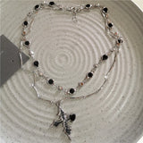 Qfdian Goth Punk Y2K Black Crystal Heart Cross Pendant Necklace Set For Women Vintage Multi Layer Bead Necklaces 90s EMO Charm Jewelry