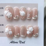 Qfdian 10Pcs Handmade Short Square French Press on Nails Flower Pearl Rhinestone Chain Design False Nails Wearable Fake Nail