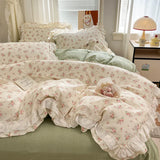 Qfdian Princess Style Lace Ruffles 100% Cotton Bedding Set Floral Pastoral Style Duvet Cover Flat/Fitted Bed Sheet Pillowcases 3/4Pcs