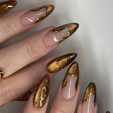 Qfdian  24pcs Smudging Blue False Nails Gentle Almond Gold Star Patterns Press On Nails Romantic Wearable Fake Nail Spicy Girl Manicure