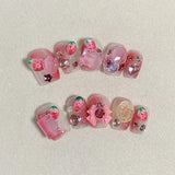 Qfdian  Pink Strawberry Press on Nails Handmade Flower Fake Nails Gradient Color Medium Length Square False Nails for Women Girls