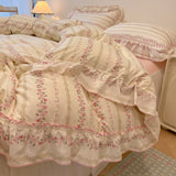 Qfdian 2/3Pc Korean Princess Style Floral Ruffles Bedding Set Single Queen Size Soft Skin-friendly Washed Cotton Duvet Cover Pillowcase