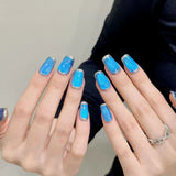 Qfdian  10pcs Handmade Press On Nails Blue Cat's Eye False Nails Deep Sea Bubble Decor Glitter French Fake Nails Fashion Flash Nail Art