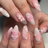 Qfdian 24pcs French Press on Nails Art Simple Pink Flower Star Design False Nail Tips Finished Mid-length Almond Fake Nail Set Manicure