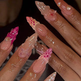 Qfdian  24pcs Long Stiletto Press on Nails Hot Girl Almond False Nails Nude Flower Rhinestones Full Cover Fake Nail Finished Manicure