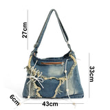 Qfdian Washed Denim Women Shoulder Bag Large Capacity Student Zipper Messager Handbags