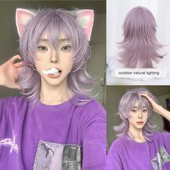 Qfdian 16Inch Purple Pink Color Handsome Synthetic Wig With Bang Medium Natural Wavy Hair Wig for Man or Women Cosplay Heat Resistant