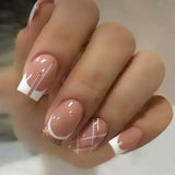 Qfdian  24Pcs Short Square Coffin False Nails Square Fake Nails with Glue French Glitter Wearable Acrylic Nails Set Press on Nail Tips