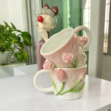 Qfdian Creative Pink Cub Relief Tulip Flower Ceramic Coffee Cup Girl Gift Flower Mug Office Teacup Breakfast Milk Mug Home Decoration
