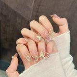 Qfdian  10pcs Handmade Starlight Fake Nails Press On Nails With Pearl Rhinestone Gold Star Decor Colorful Cat's Eye False Nails Wearable