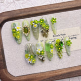 Qfdian  Eco-Friendly Resin Press-On Nails - Spring Floral Design with Pearls, Crystals & Metallic Accents, French Chic Style for Outings