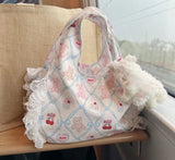 Qfdian Japanese Patchwork Lace Sweet Shoulder Underarm Bag Cartoon Kawaii Cute Bear Print Canvas Bags Y2k Fashion Purses and Handbags