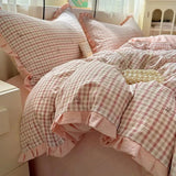 Qfdian  ‌Ins Princess Style Washed Double-Layer Gauze Bedding Set - Thickened Crinkled Gauze Cute Dorm 3-Piece/4-Piece Sheet & Duvet Cove